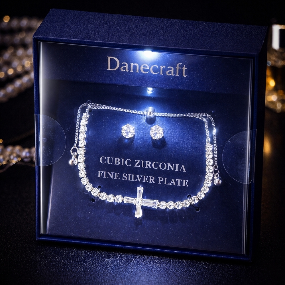 Danecraft Cross bracelet And stud earrings Set In light Up Box